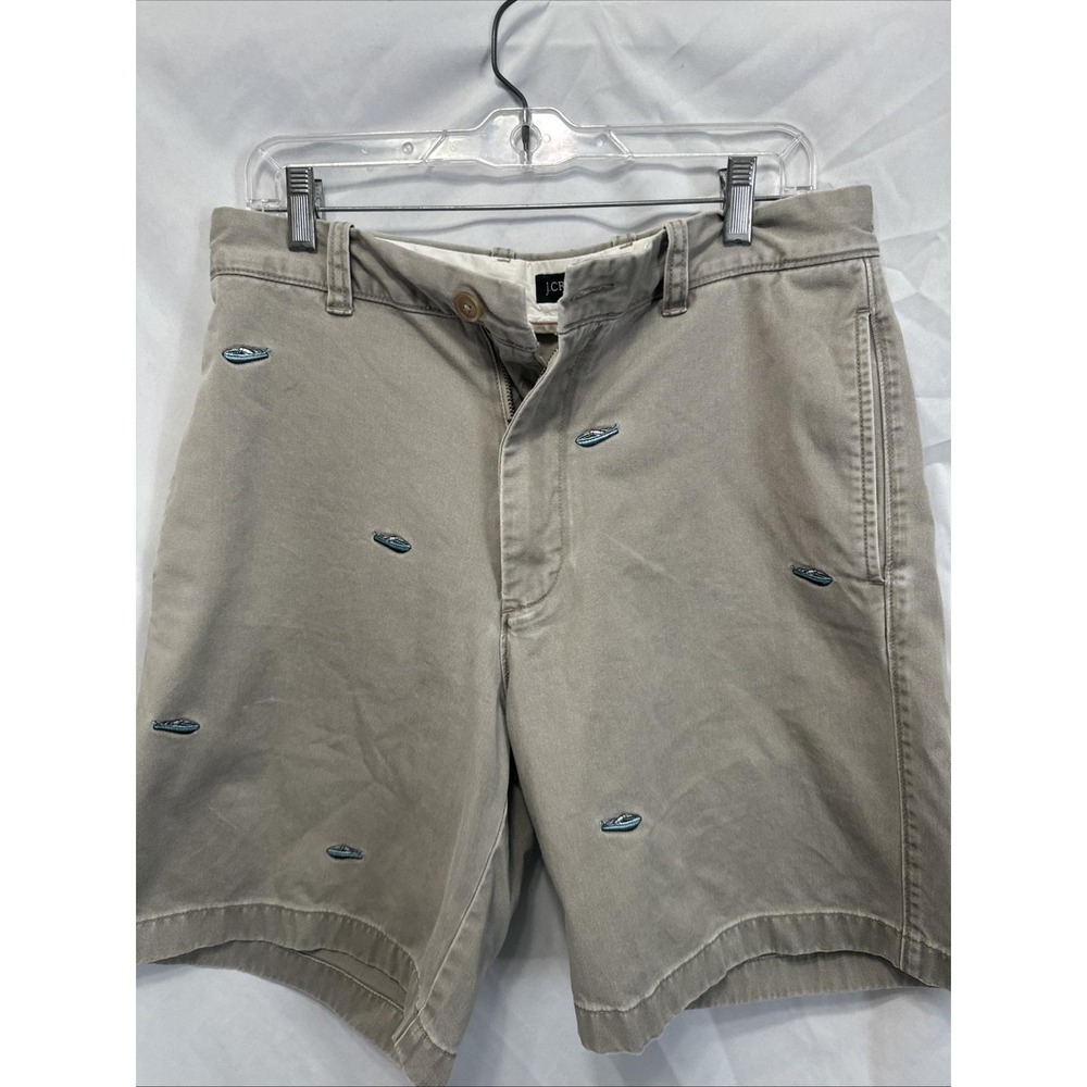 Vintage J.Crew Mens SIZE 32 Motorboat Embroidered Chino Shorts Tan Broken-In